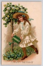 Victorian Girl Watering Flowers Birthday Greetings Embossed Postcard C42 - £4.66 GBP