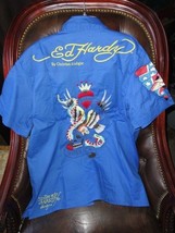 Ed Hardy by Christian Anligier Handmade Embroidered Large Shirt in Blue - £59.32 GBP