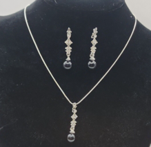 Dangling Black Bead &amp; Clear Rhinestone Pendant Necklace &amp; Earring Set 19&quot; Chain - £15.20 GBP