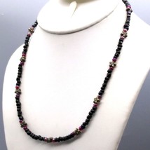 Whimsigoth Dark Floral Beaded Necklace, Black and Red AB Seed Beads with Muted - £28.58 GBP