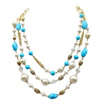 Vintage Triple Strand Faux Pearl &amp; Turquoise Glass Beaded Necklace with Decorati - $86.11