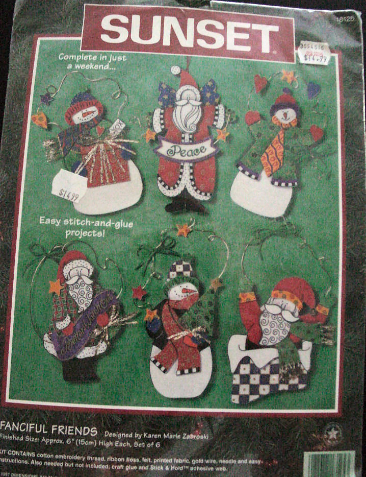 Sunset Kit Christmas "Fanciful Friends" Kit- Set of 6 Stitch & Glue Ornaments  - $9.99