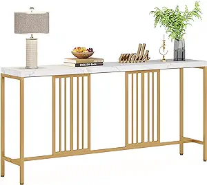 Long Sofa Console Table With A 70.9 Inch Spacious Tabletop, White And Gold - £253.83 GBP