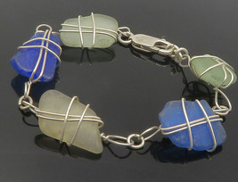 925 Sterling Silver - Wire Wrapped Blue &amp; White Quartz Chain Bracelet - BT4748 - £50.43 GBP