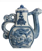 Chinese Blue and White Porcelain Dragon Teapot Serpent Neck Vintage Bloo... - £63.08 GBP