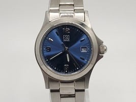 ESQ Movado Womens Watch New Battery Silver Tone Blue Date Dial 27mm - $39.99