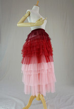 Red Pink Tiered Long Tulle Skirt Outfit Women Plus Size Layered Tulle Skirt image 2