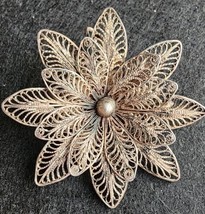 Vintage Sterling Silver Victorian Filigree Water Lily Flower Openwork Br... - £45.79 GBP