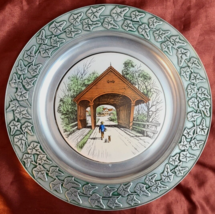 Rare Ceramic Tile of Covered Wooden Bridge in 11&quot; Engraved Wilton Pewter Plate - $12.76