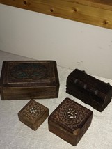 Lot of 4 Rustic Carved Wood Dresser Vanity Trinket Boxes - largest one is the  - £14.74 GBP