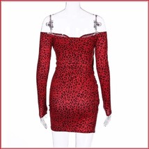 Red Leopard Portrait Off Shoulder Long Sleeve Stretch Wrap Mini Dress image 2