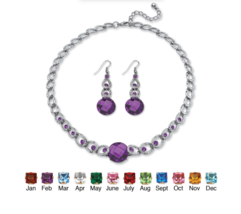 Round Simulated Birthstone February Amethyst Necklace Drop Earrings Silvertone - £78.65 GBP