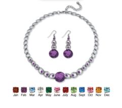 Round Simulated Birthstone February Amethyst Necklace Drop Earrings Silvertone - £74.78 GBP