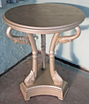 Hollywood Regency Three Swan Legged Round Wooden Pewter Painted Side Table  - $424.71