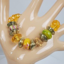 Vintage BOHO Green Yellow Gold Tone Stretchy Charm Bracelet Wrap - $13.10