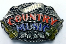 Vtg 1988 Pewter &amp; Enamel Belt Buckle I Love Country Music Siskiyou Buckle Co - £20.87 GBP