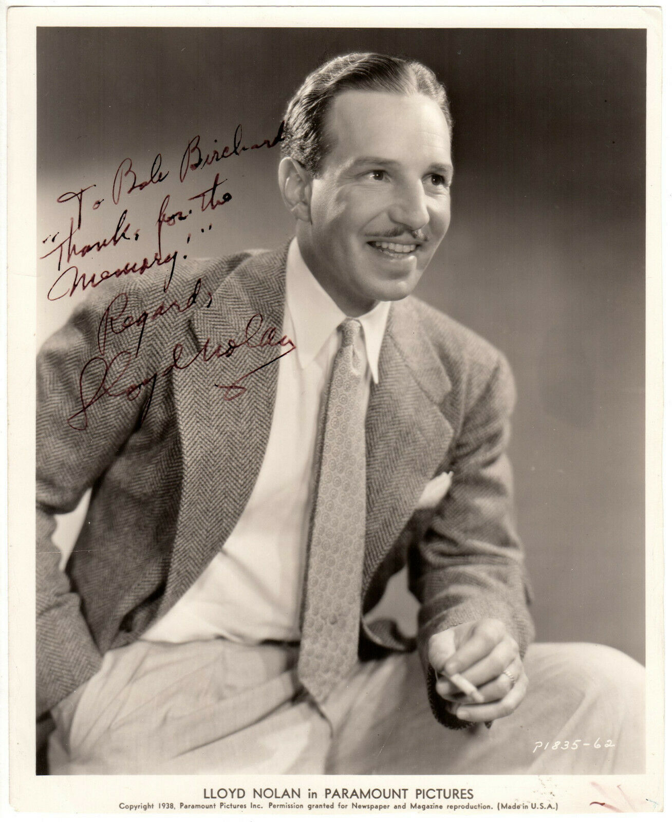 *LLOYD NOLAN (1938) Vintage Original Paramount 8x10 INSCRIBED BY LLOYD N... - $95.00