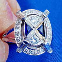 Diamond Sapphire Deco Gatsby style Engagement Ring Vintage Statement 18k Gold - $6,152.33 CAD