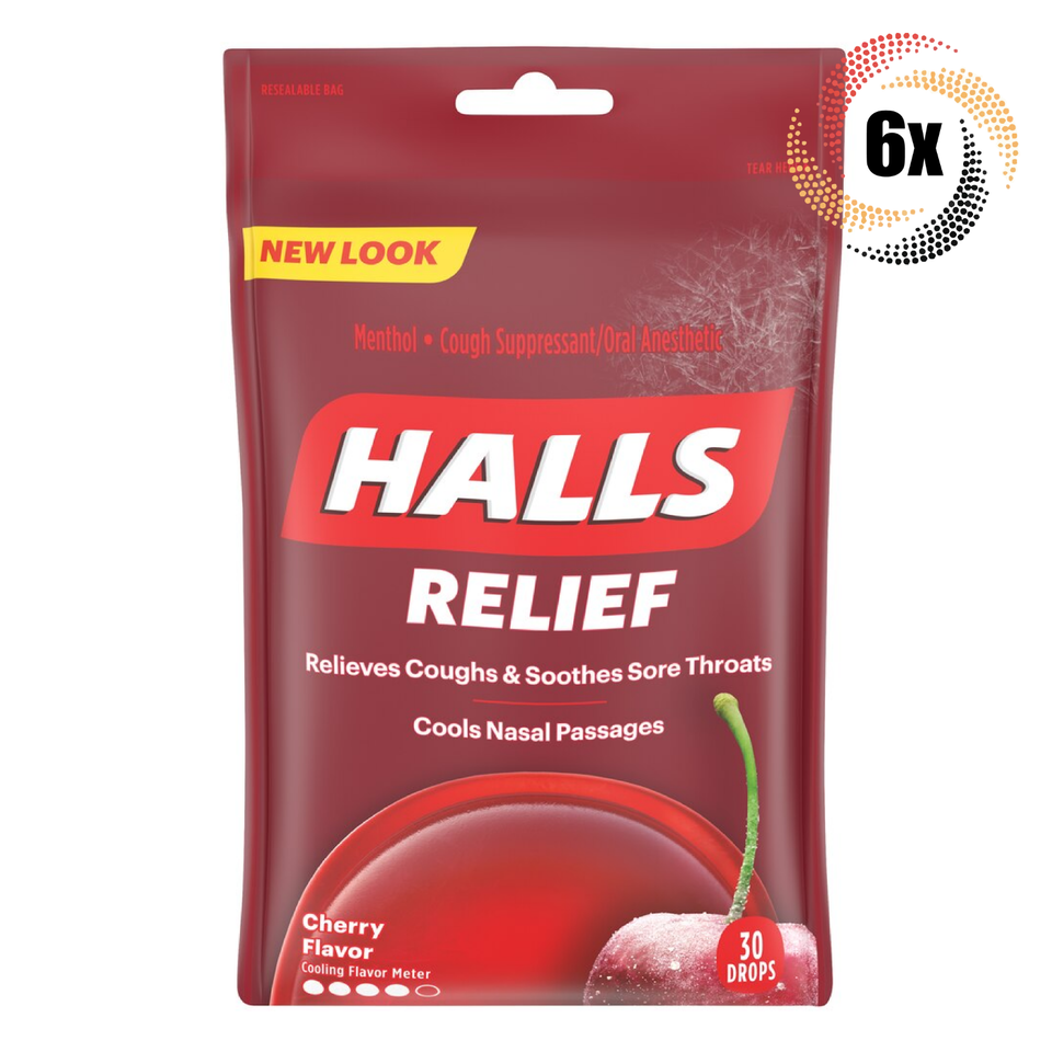 6x Bags HALLS Relief Cherry Flavor Soothing Cough Drops | 30 Drops Per Bag - $31.13