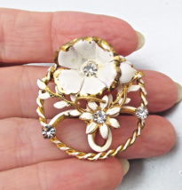 Made in AUSTRIA Vintage White Enamel Rhinestone FLOWER Brooch Pin - $12.86