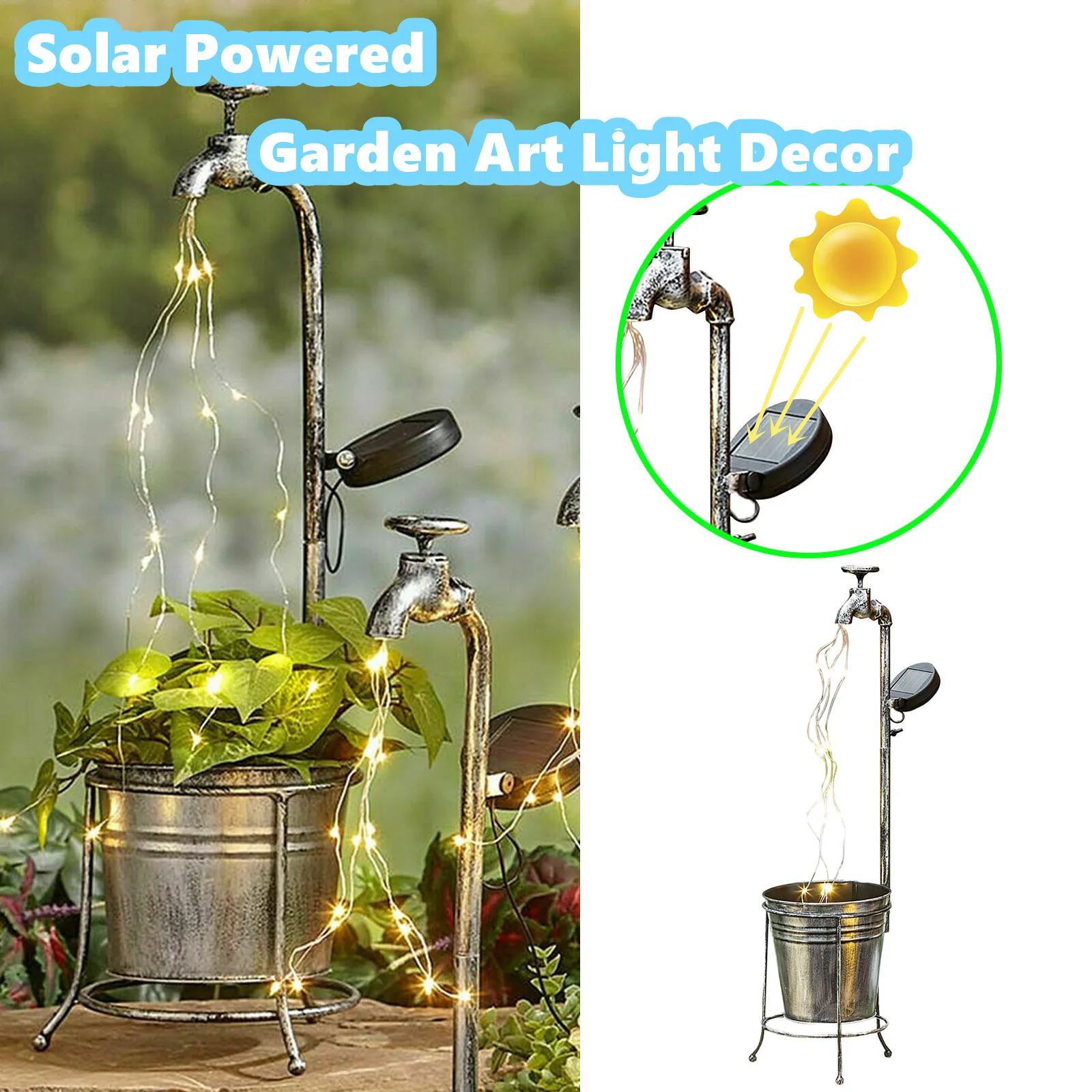 Garden Art  Watering Can Stake With Lights Decor Solar Power Water Faucet Plante - £91.94 GBP