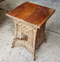 Wicker Plant Stand 13&quot; Oak Wood square top 18&quot; tall Side Table AS IS see... - £31.78 GBP