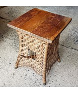 Wicker Plant Stand 13&quot; Oak Wood square top 18&quot; tall Side Table AS IS see... - $39.52