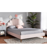 Hansel Light Pink Velvet Walnut Brown Queen Size Seashell Shaped Platfor... - $13,927.71 MXN