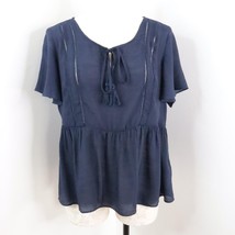 Nanette Lepore Women&#39;s M Navy Blue Babydoll Semi-Sheer Short Sleeve Blouse Top - £12.55 GBP