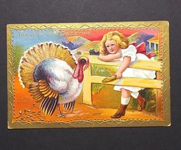 Thanksgiving Greeting Girl Feeding Turkey Corn Gold Embossed c1910s Postcard - £11.79 GBP