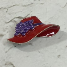 Red Hat Pin Brooch W Purple Flowers Gold Toned Womens Fashion Jewelry - $14.84