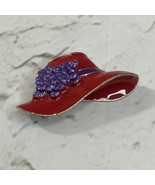 Red Hat Pin Brooch W Purple Flowers Gold Toned Womens Fashion Jewelry - £11.89 GBP