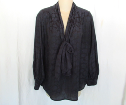 Banana Republic top blouse jacquard bow Medium black blue flower long sl... - $19.55