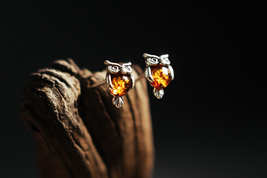 Tiny Owl Amber Stud Earrings, Natural Baltic Amber Jewelry, Sterling silver stud - £23.45 GBP