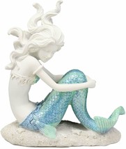 Nautical Capiz Blue Tailed Siren Mermaid Ariel Sitting On Sea Floor Statue Decor - £19.91 GBP