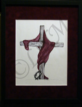 Burgundy Cross w/Robe Charcoal Pencil Drawing with Color Overlay - $25.00