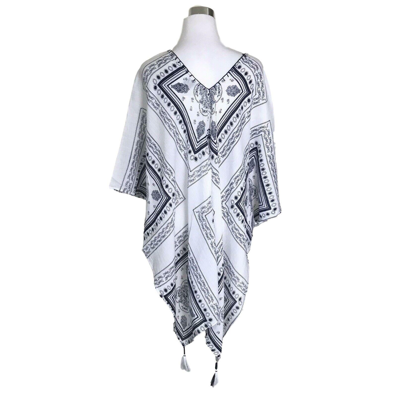 D&amp;Y Womens Coverup Topper  Poncho Cotton Blue White Tassel Gauze One Size - $22.76