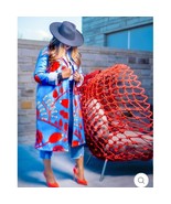 Blue Printed Pocket Jacket Outerwear Cardigan Overcoat Long Trench Coat ... - $666.89 MXN