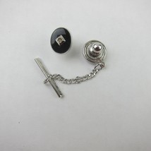 Vintage Tie Tack Lapel Pin Oval Black &amp; Silver Tone Chain Tie Bar - £7.83 GBP