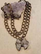Cookie Lee Bow Pendant Rhinestone Encrusted Double Strand Chunky Chain Necklace - $22.20