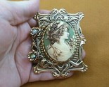 (CL14-40) NOBLE Lady flowers white + green CAMEO frame brass Pin Pendant... - £31.84 GBP