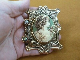 (CL14-40) NOBLE Lady flowers white + green CAMEO frame brass Pin Pendant brooch - £32.02 GBP