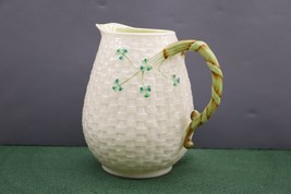 Vintage Belleek Shamrock On Basket Weave Milk Pitcher #5 Green Mark 1955-65 - £36.48 GBP