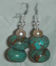 Genuine Turquoise  Roundel Beads And fresh Water Pearls Earrings - £6.42 GBP