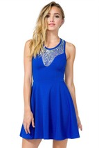 NEW Blue Beaded Illusion Bib Fit &amp; Flare Dress Size M Junior&#39;s - £22.33 GBP