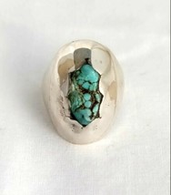 Native American Nugget Turquoise Scallop Bezel Dome Sterling Silver Ring - £109.88 GBP
