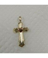 New 2 Tone 14k Gold Cross with Heart Charm Pendant - £79.93 GBP