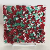 Fused Art Glass Trinket Tray Ring Dish Catch All Cranberry Red Mint Green 6x6.5 - £15.80 GBP