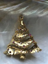 Vintage Slitted Goldtone Christmas Tree w Aurora Borealis Rhinestones Accents - £15.22 GBP