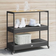 Bar Cart 3-Tier Black Poly Rattan and Solid Wood Acacia - $3,408.12 MXN